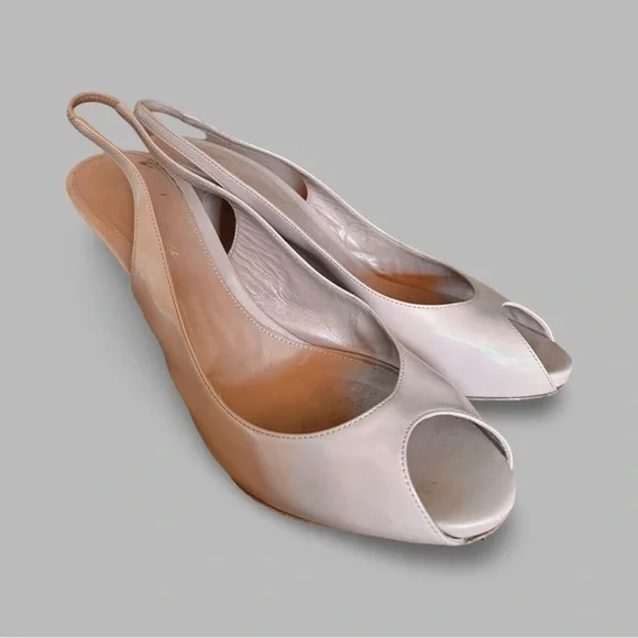 Vintage Patent Leather Peachy Tan Beige Peep Toe Slingback Pinup Pumps Size 9 - Picture 8 of 13